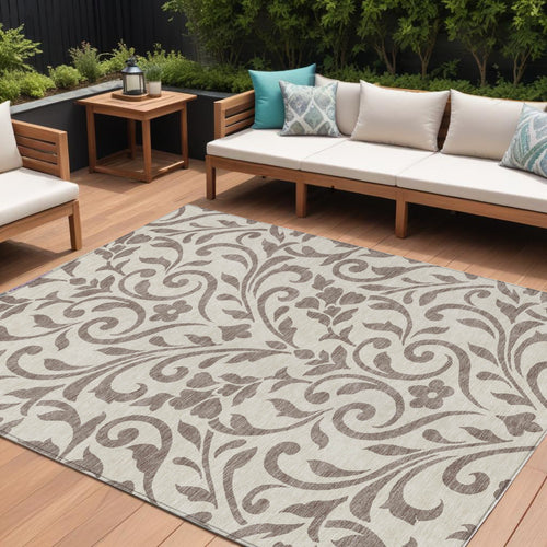 10 X 14 Taupe Floral Washable Indoor Outdoor Area Rug