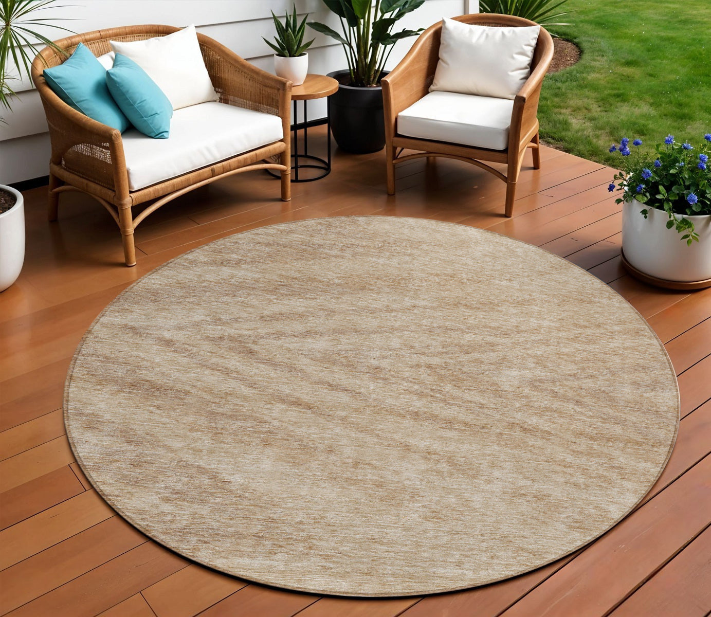 8 Khaki And Brown Round Abstract Washable Indoor Outdoor Area Rug