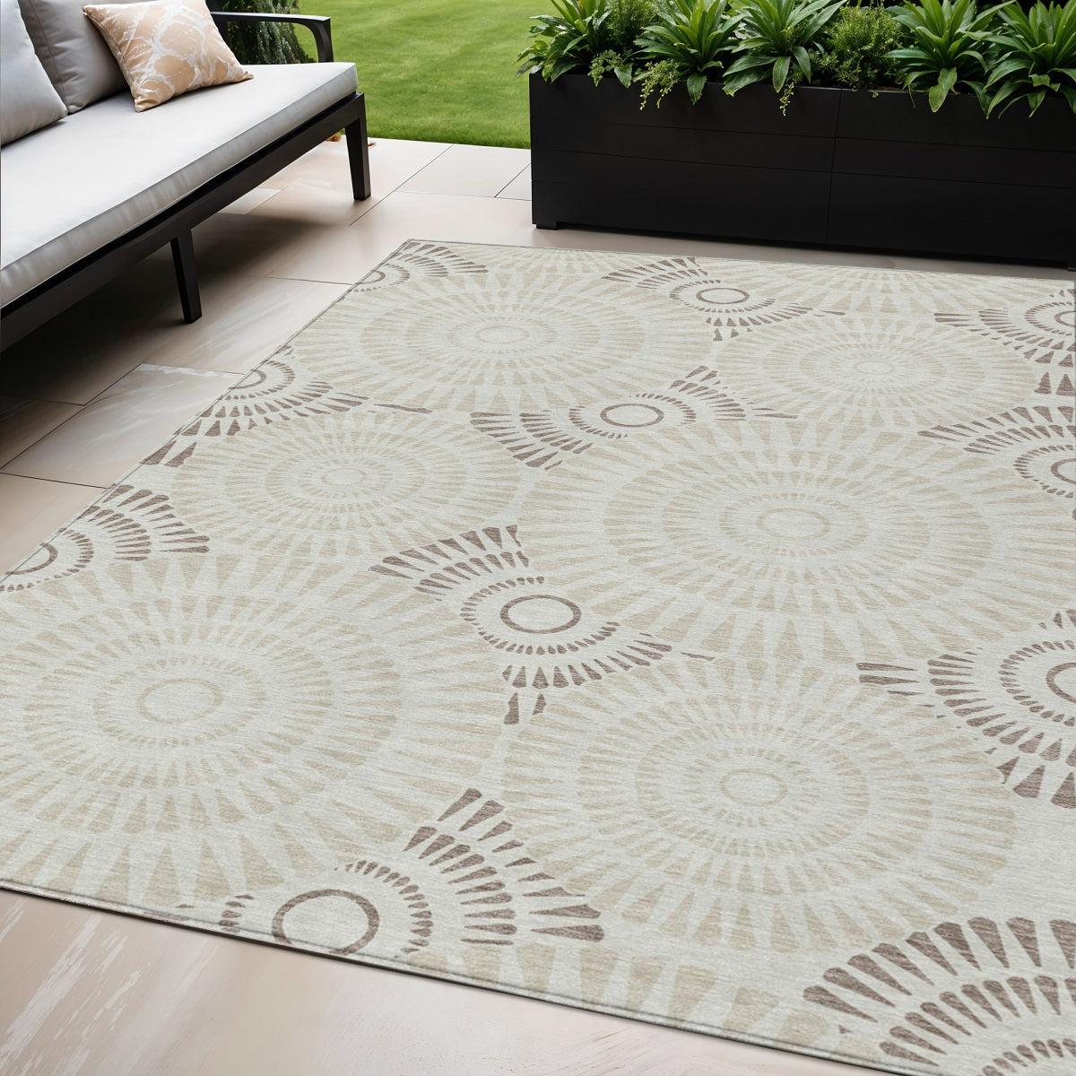 5 X 8 Taupe And Brown Geometric Washable Indoor Outdoor Area Rug
