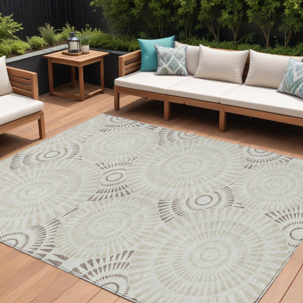 10 X 14 Taupe And Brown Geometric Washable Indoor Outdoor Area Rug