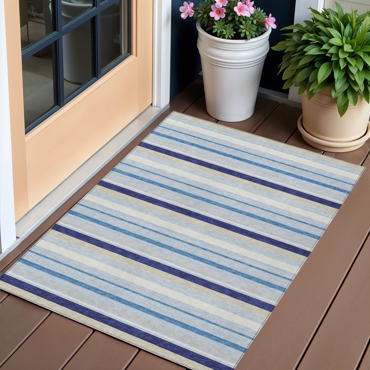 3 X 5 Blue Purple And Gray Striped Washable Indoor Outdoor Area Rug