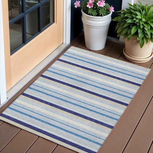 3 X 5 Blue Purple And Gray Striped Washable Indoor Outdoor Area Rug