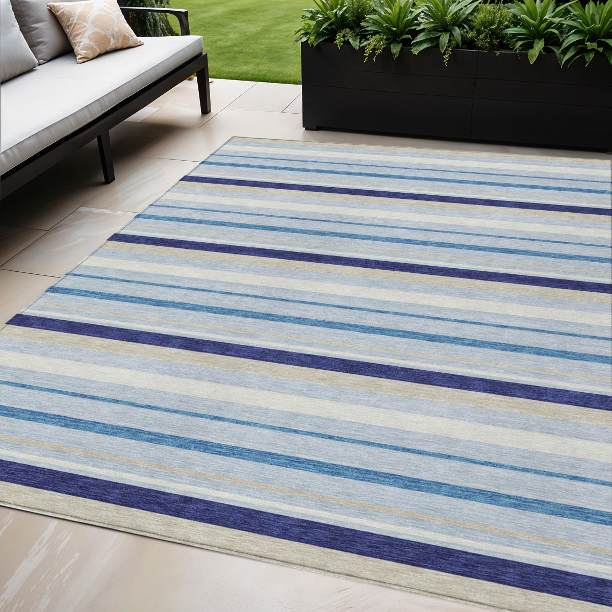 5 X 8 Blue Purple And Gray Striped Washable Indoor Outdoor Area Rug