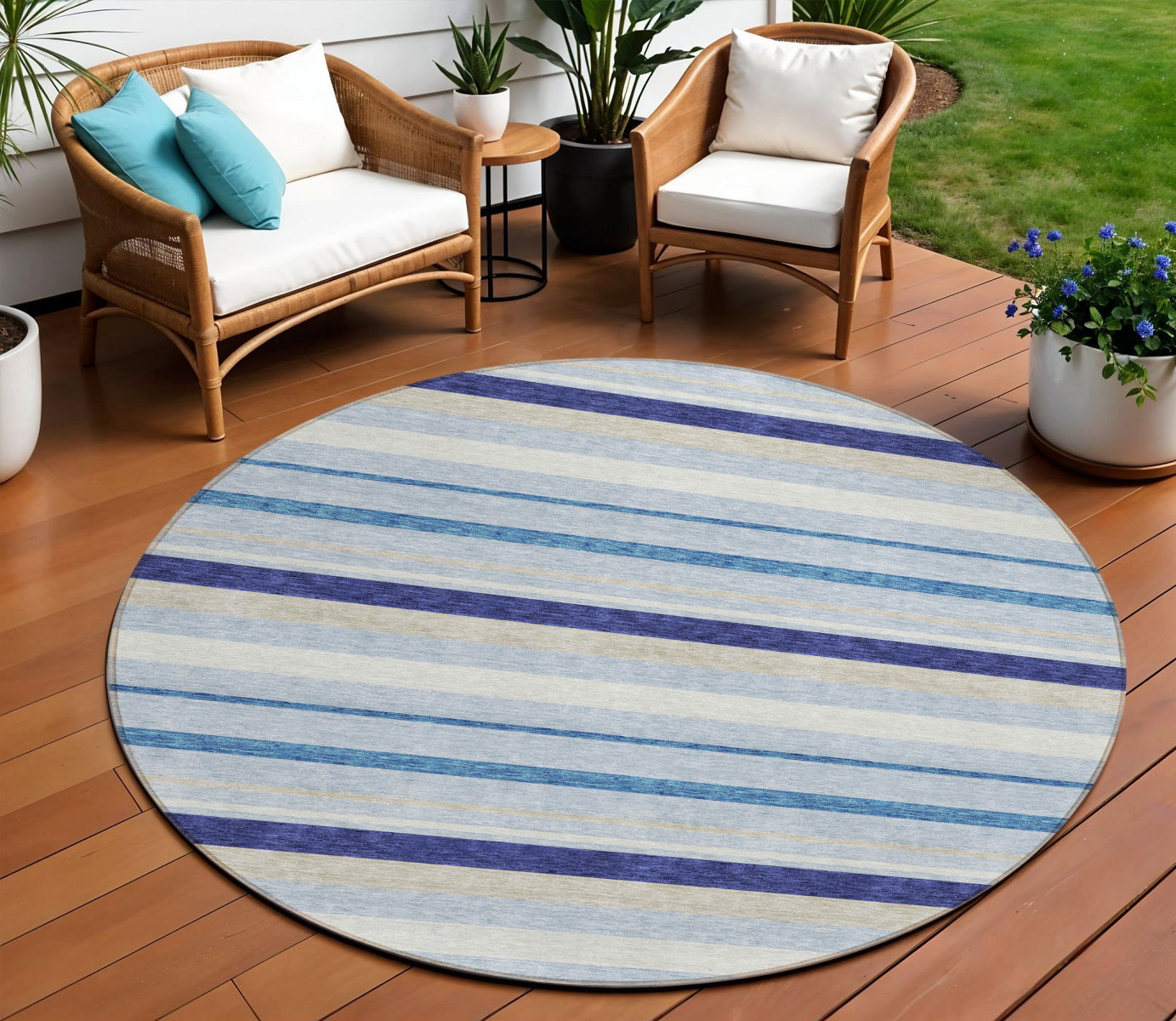 8 Blue Purple And Gray Round Striped Washable Indoor Outdoor Area Rug