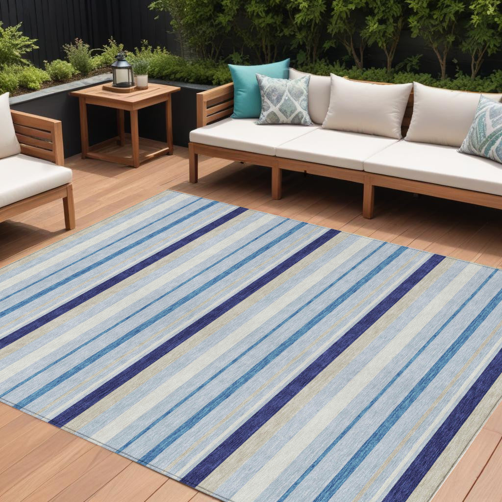 10 X 14 Blue Purple And Gray Striped Washable Indoor Outdoor Area Rug