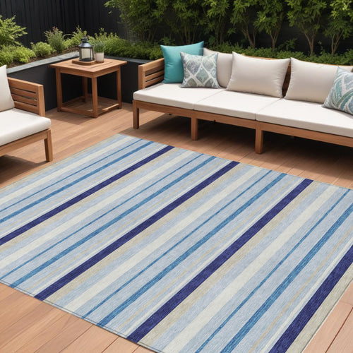 10 X 14 Blue Purple And Gray Striped Washable Indoor Outdoor Area Rug