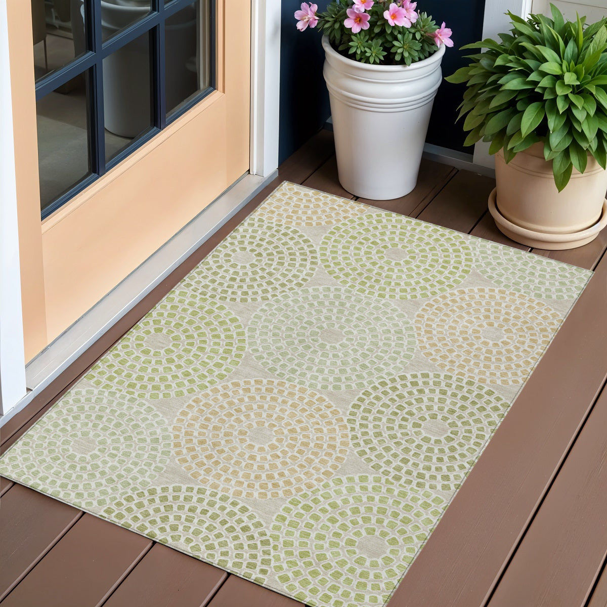 3 X 5 Artichoke Green And Brown Geometric Washable Indoor Outdoor Area Rug