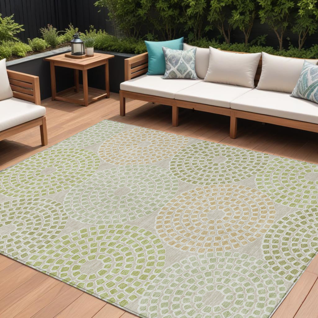 10 X 14 Artichoke Green And Brown Geometric Washable Indoor Outdoor Area Rug
