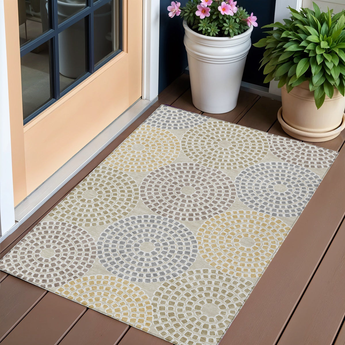 3 X 5 Beige Brown And Gray Geometric Washable Indoor Outdoor Area Rug