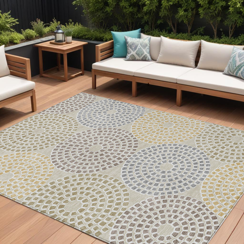 8 X 10 Beige Brown And Gray Geometric Washable Indoor Outdoor Area Rug