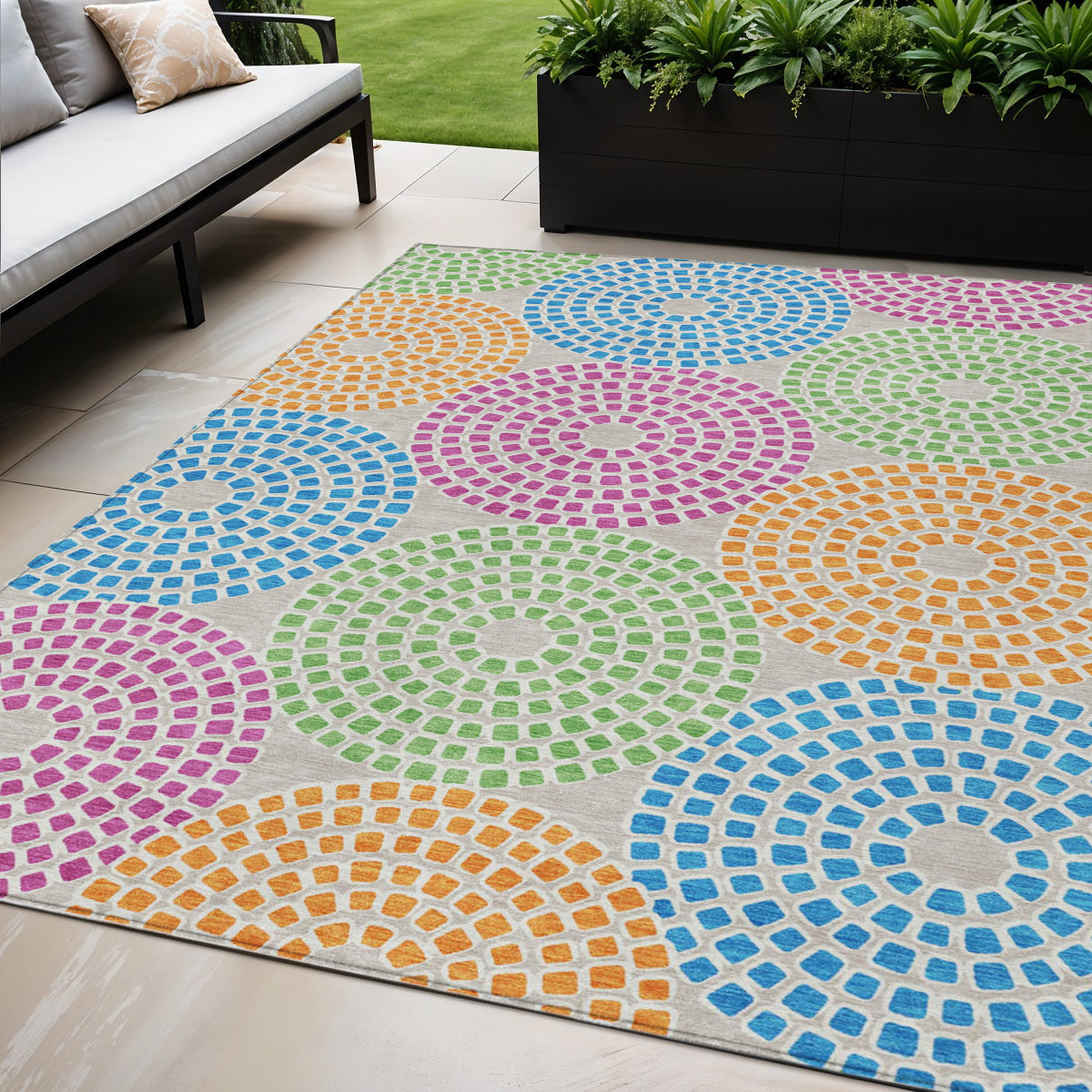 5 X 8 Purple Green And Aqua Geometric Washable Indoor Outdoor Area Rug