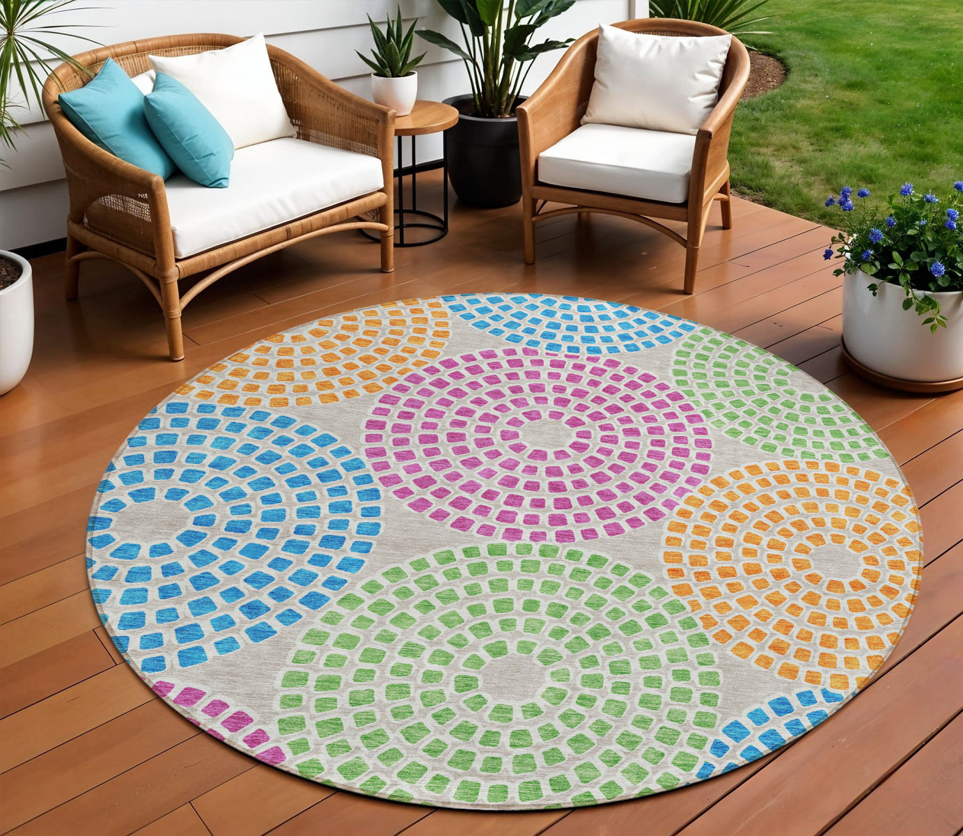 8 Purple Green And Aqua Round Geometric Washable Indoor Outdoor Area Rug