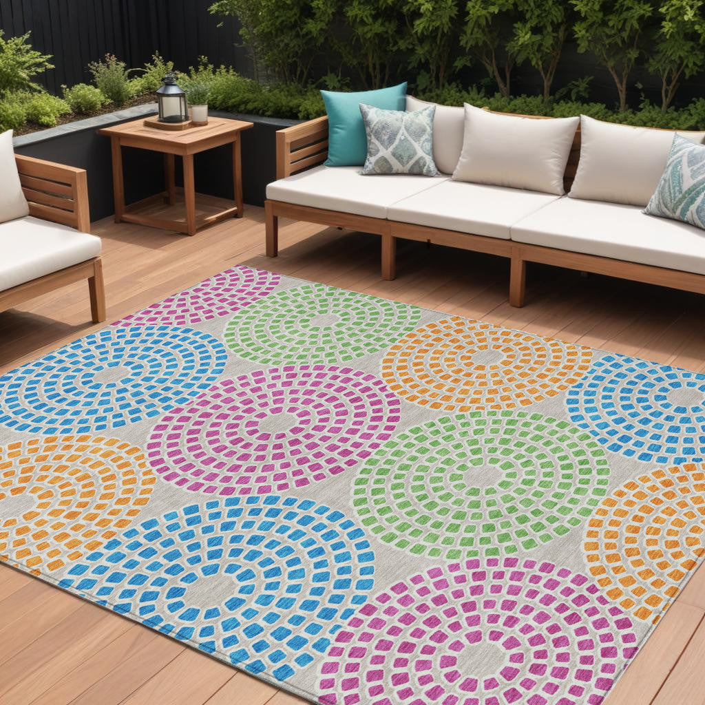 9 X 12 Purple Green And Aqua Geometric Washable Indoor Outdoor Area Rug