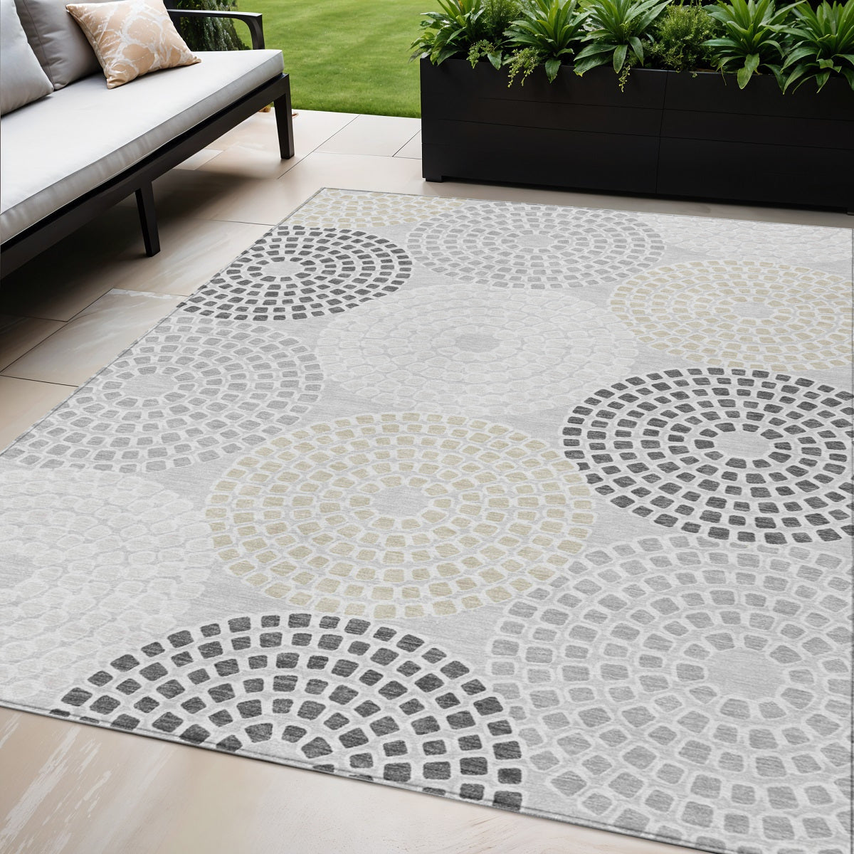 5 X 8 Gray And Taupe Geometric Washable Indoor Outdoor Area Rug