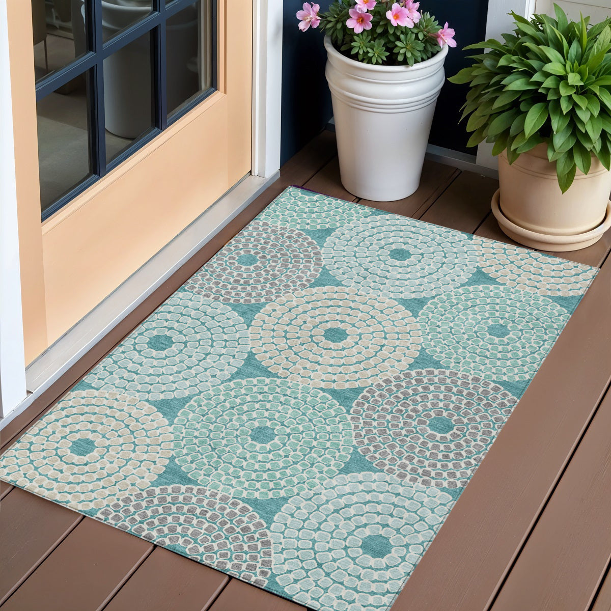 3 X 5 Teal Blue Beige And Gray Geometric Washable Indoor Outdoor Area Rug