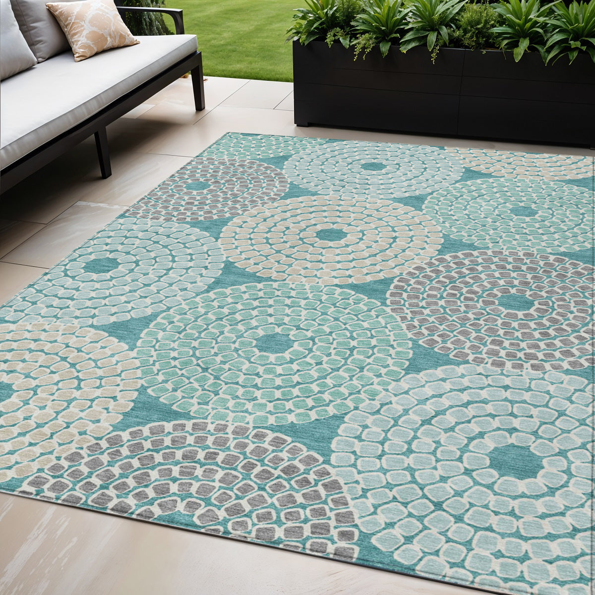 5 X 8 Teal Blue Beige And Gray Geometric Washable Indoor Outdoor Area Rug