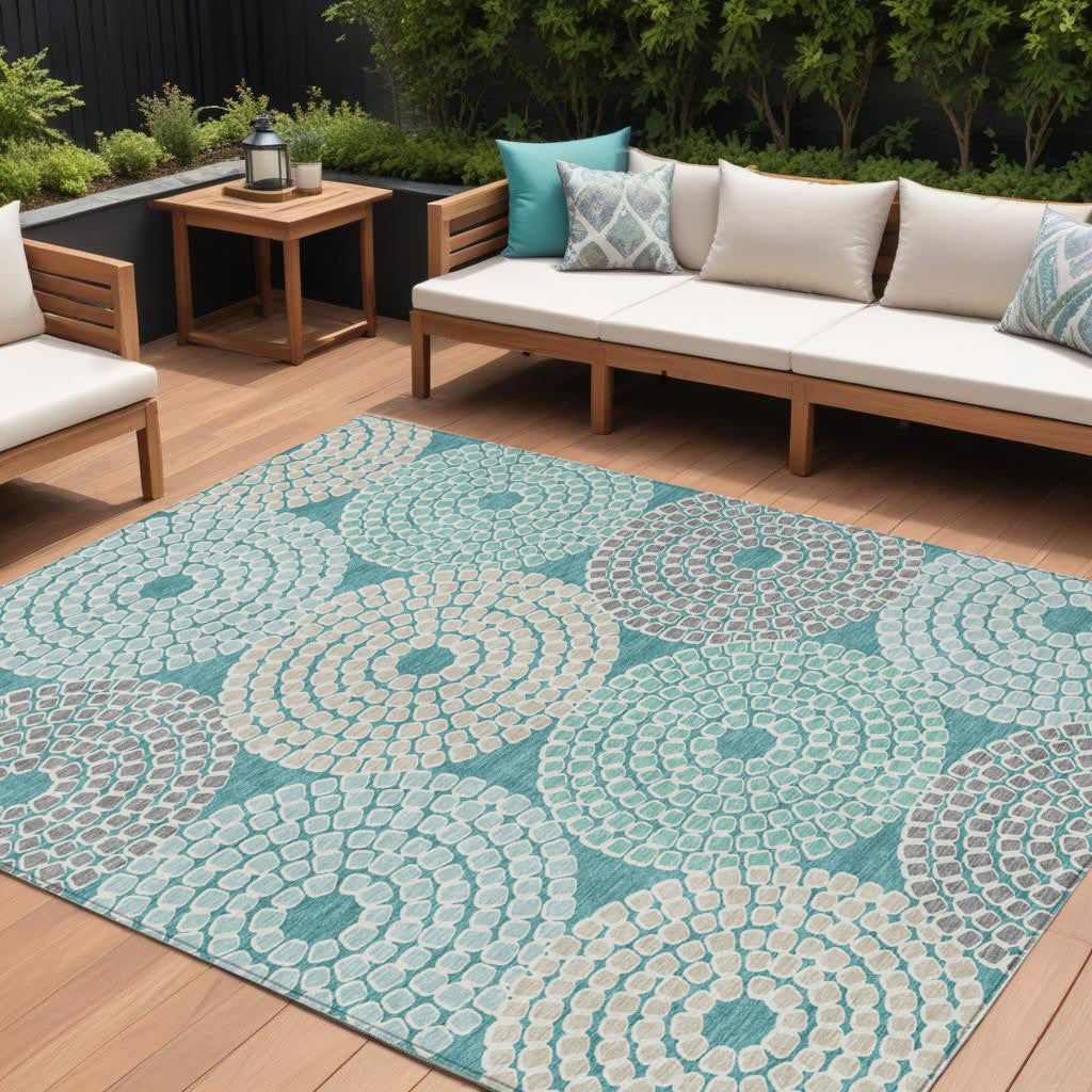 8 X 10 Teal Blue Beige And Gray Geometric Washable Indoor Outdoor Area Rug