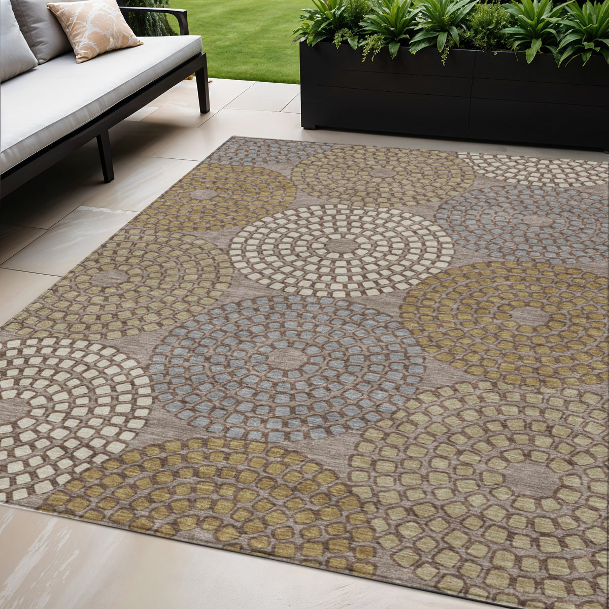 5 X 8 Taupe Beige And Green Geometric Washable Indoor Outdoor Area Rug