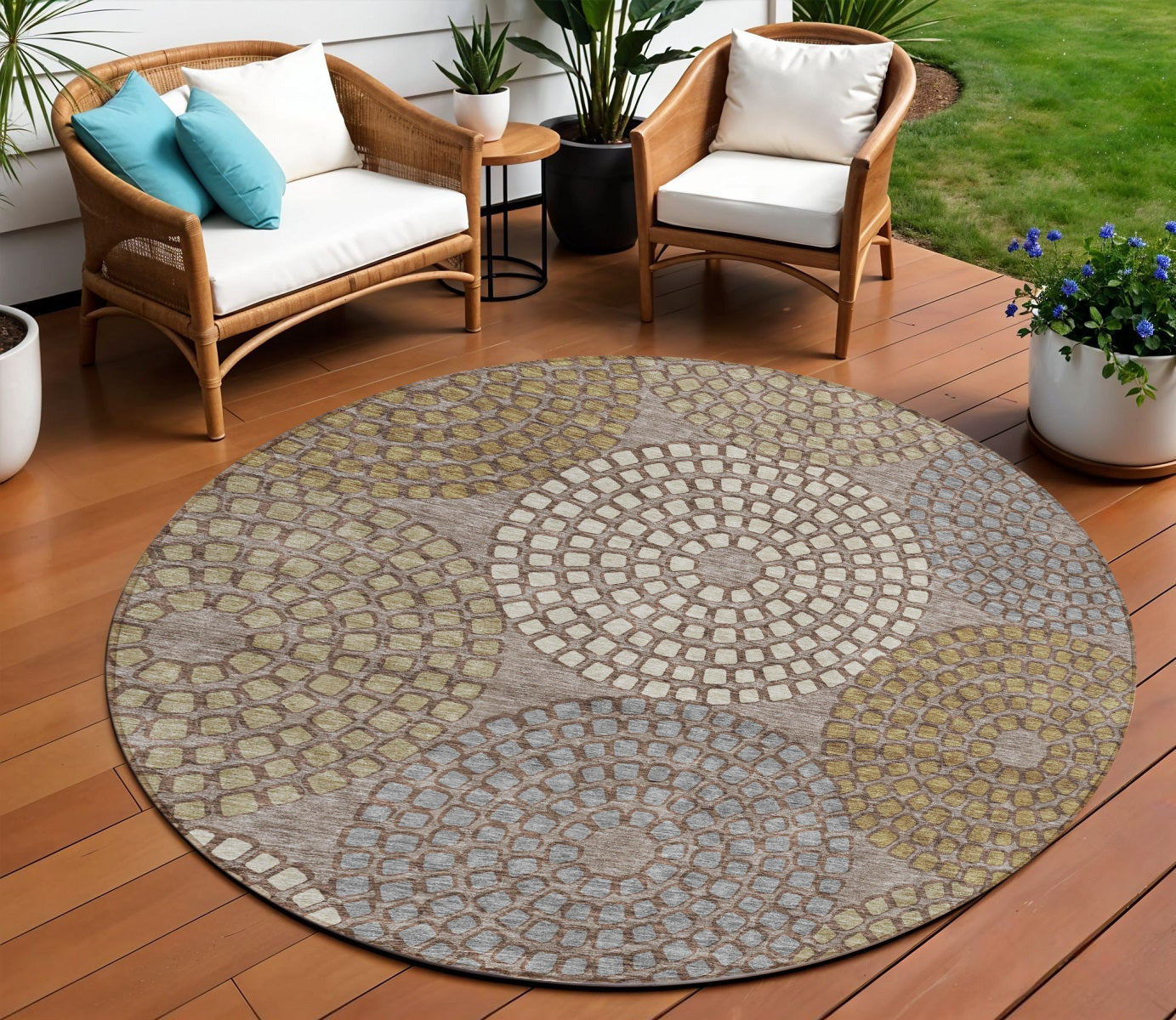 8 Taupe Beige And Green Round Geometric Washable Indoor Outdoor Area Rug
