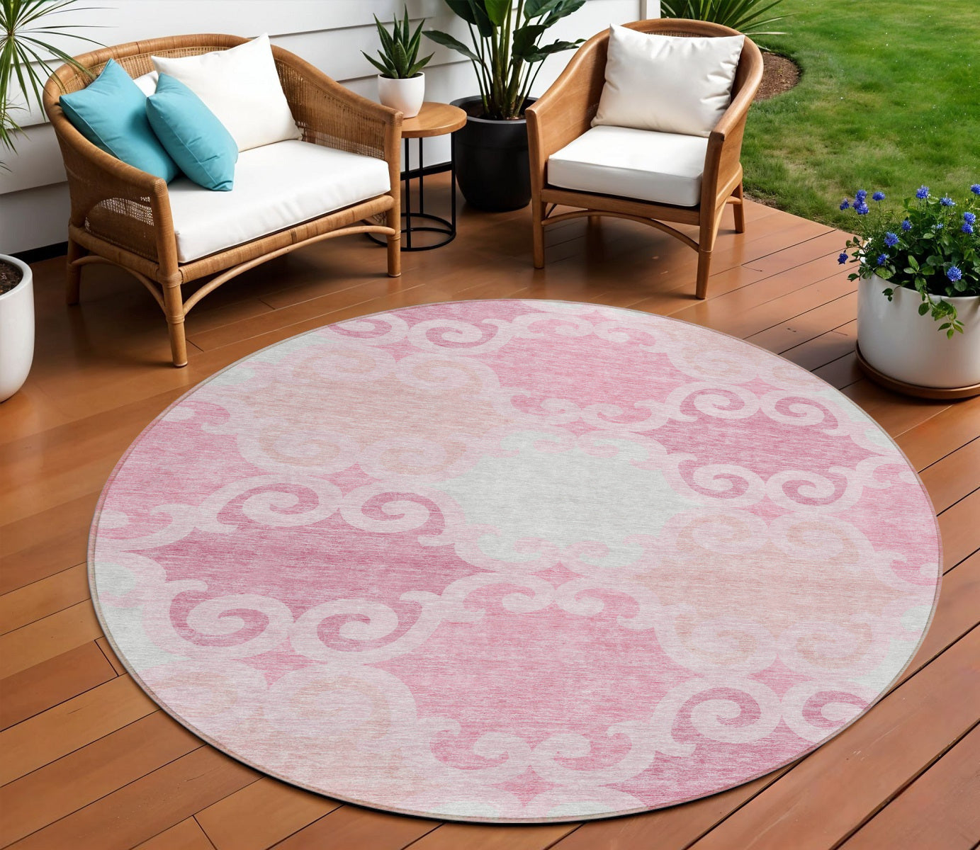 8 Pink And Gray Round Trellis Washable Indoor Outdoor Area Rug
