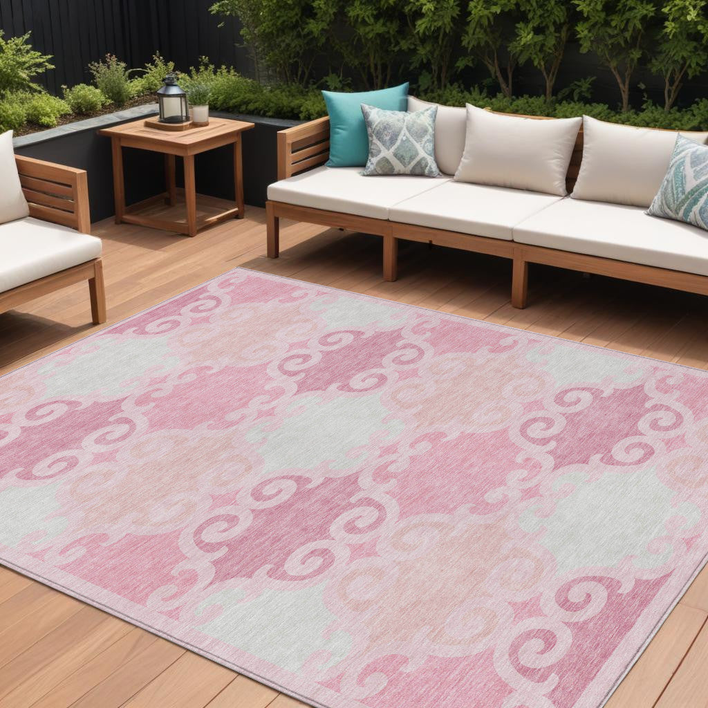 8 X 10 Pink And Gray Trellis Washable Indoor Outdoor Area Rug