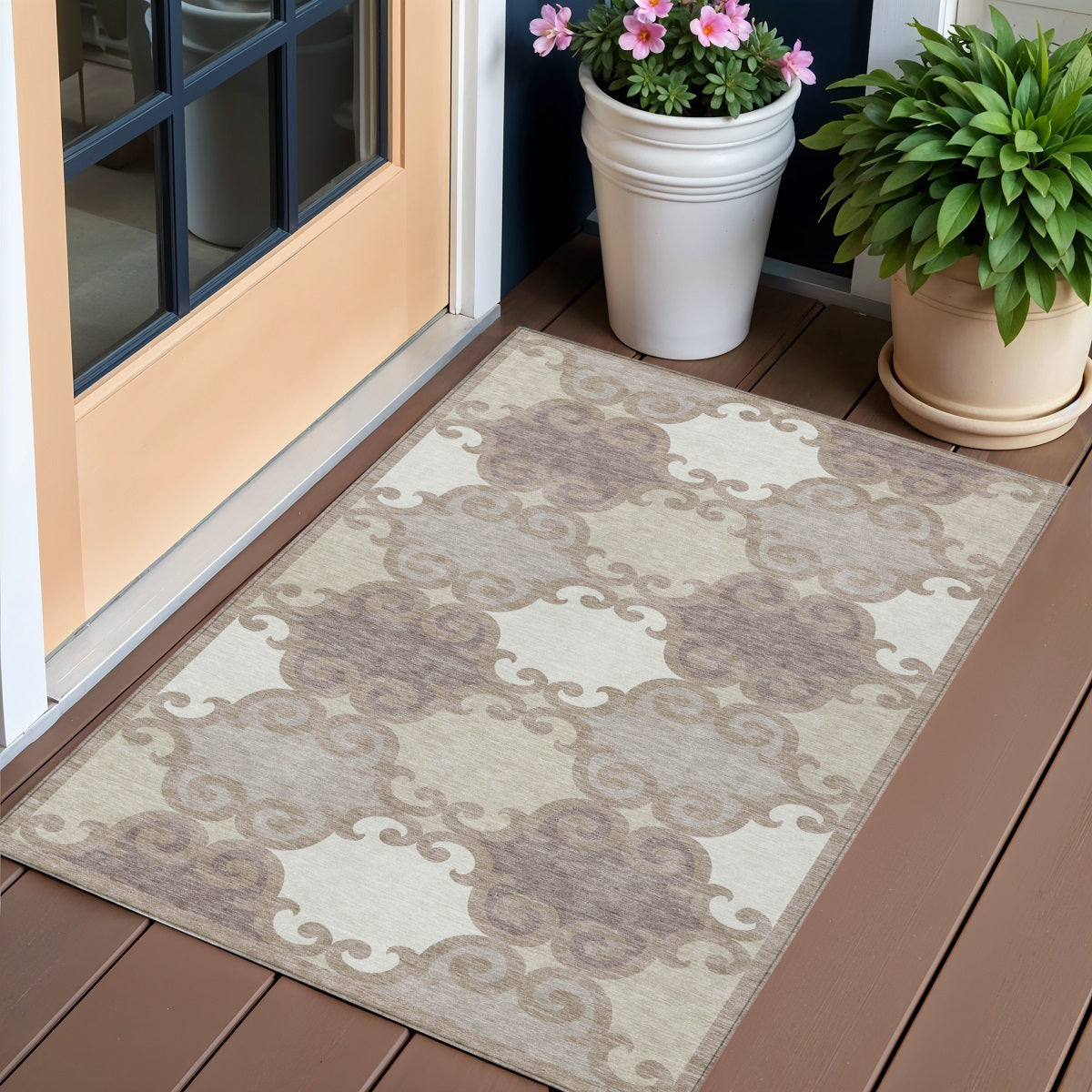 3 X 5 Taupe Beige And Gray Trellis Washable Indoor Outdoor Area Rug