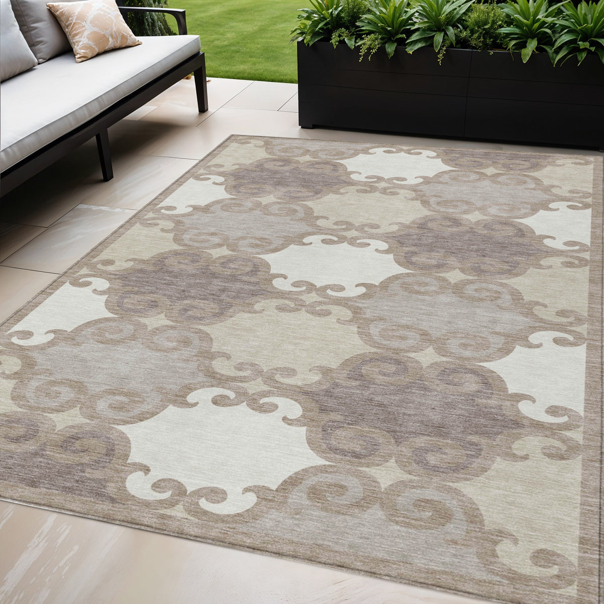 5 X 8 Taupe Beige And Gray Trellis Washable Indoor Outdoor Area Rug
