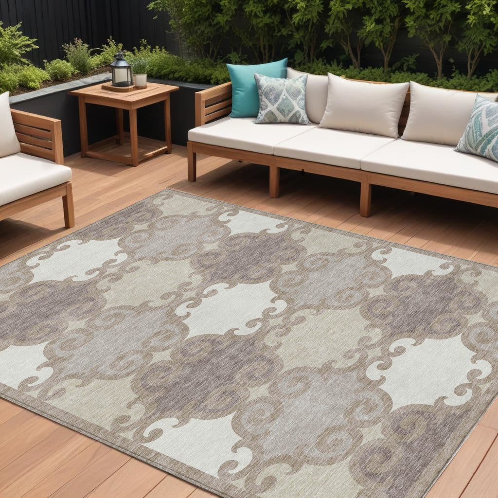 8 X 10 Taupe Beige And Gray Trellis Washable Indoor Outdoor Area Rug