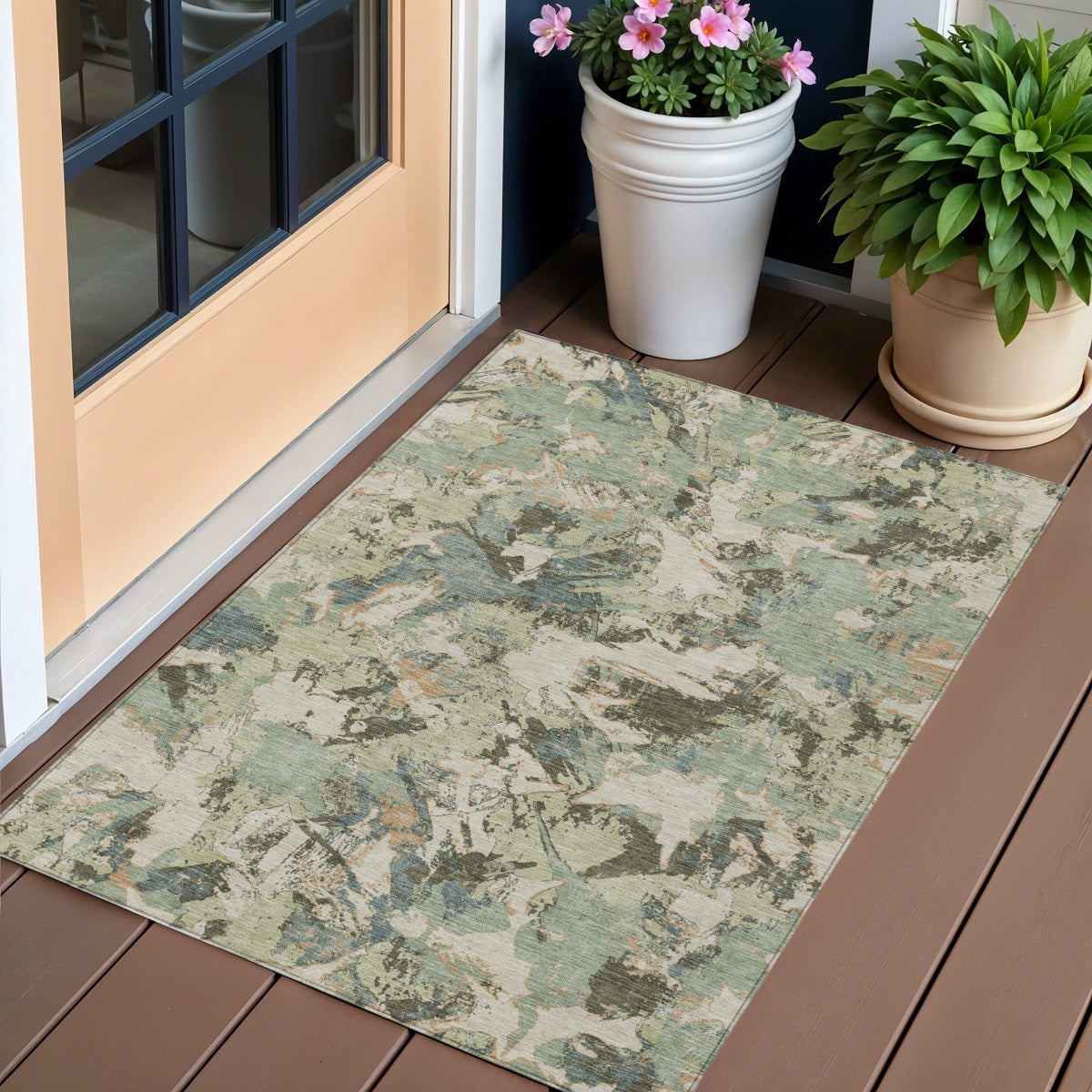 3 X 5 Beige Brown And Green Floral Washable Indoor Outdoor Area Rug