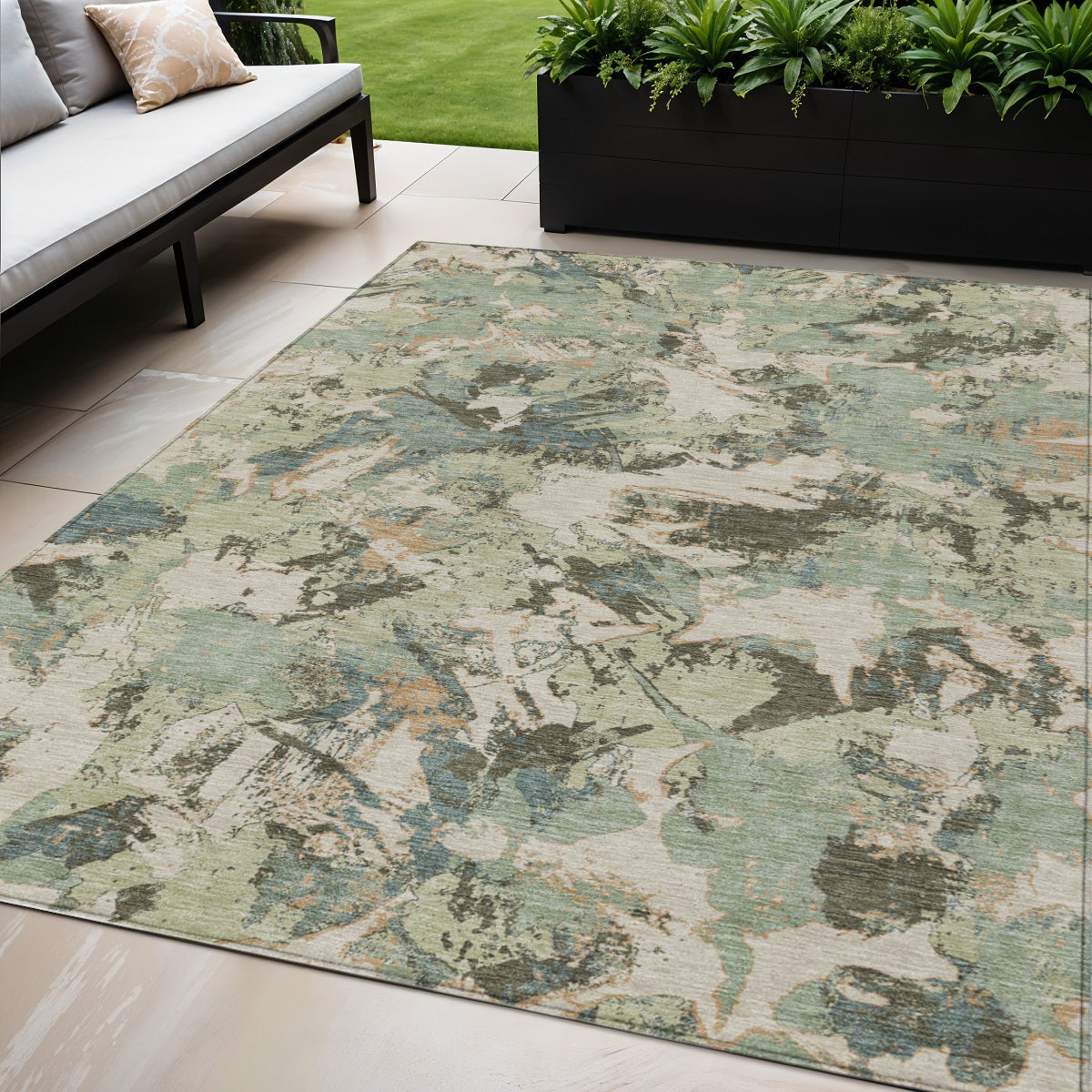 5 X 8 Beige Brown And Green Floral Washable Indoor Outdoor Area Rug