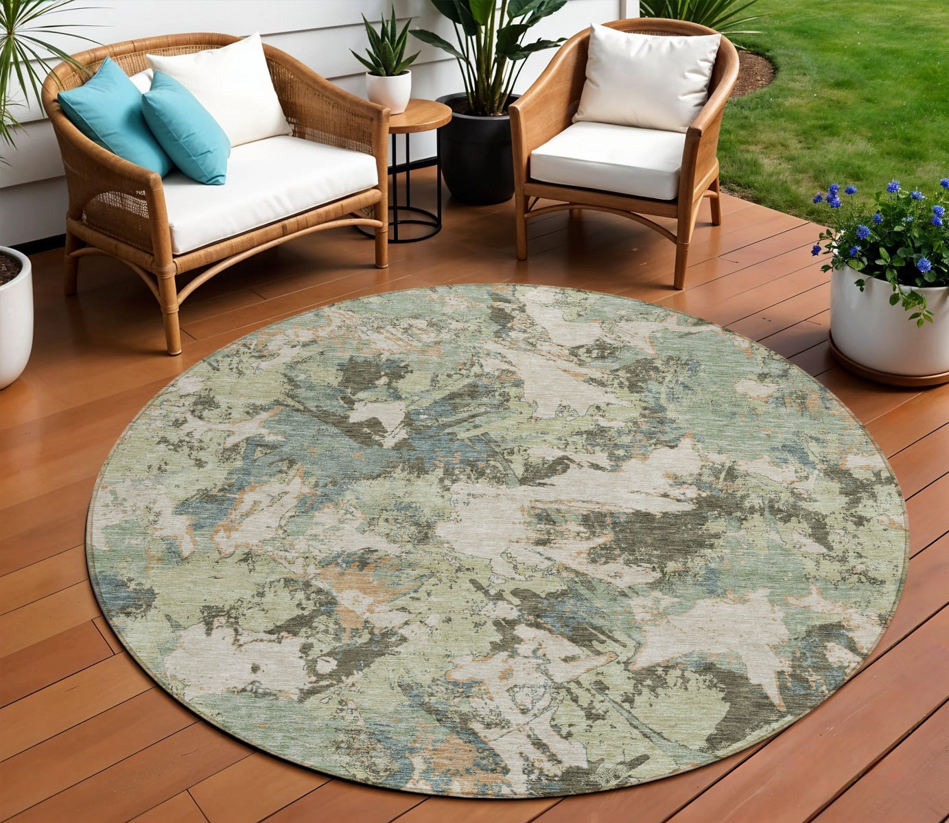 8 Beige Brown And Green Round Floral Washable Indoor Outdoor Area Rug