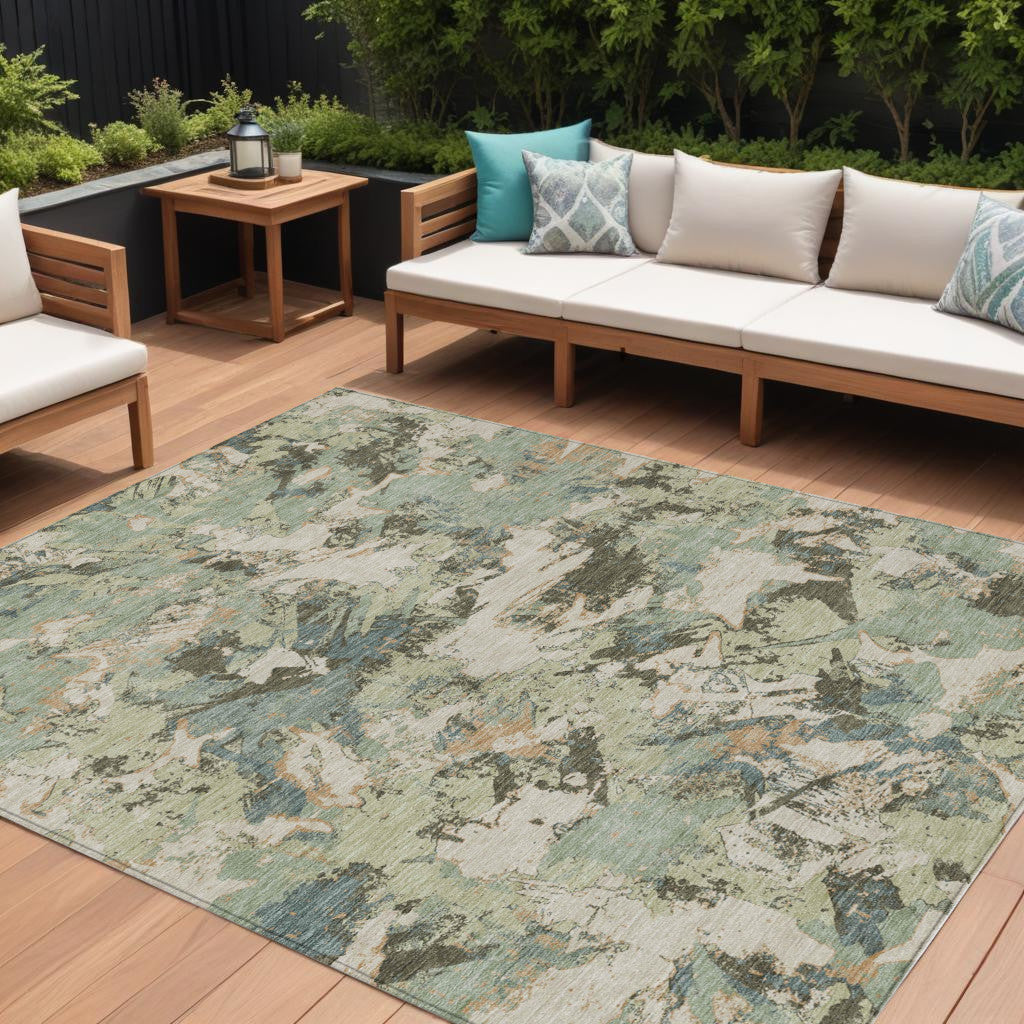 10 X 14 Beige Brown And Green Floral Washable Indoor Outdoor Area Rug