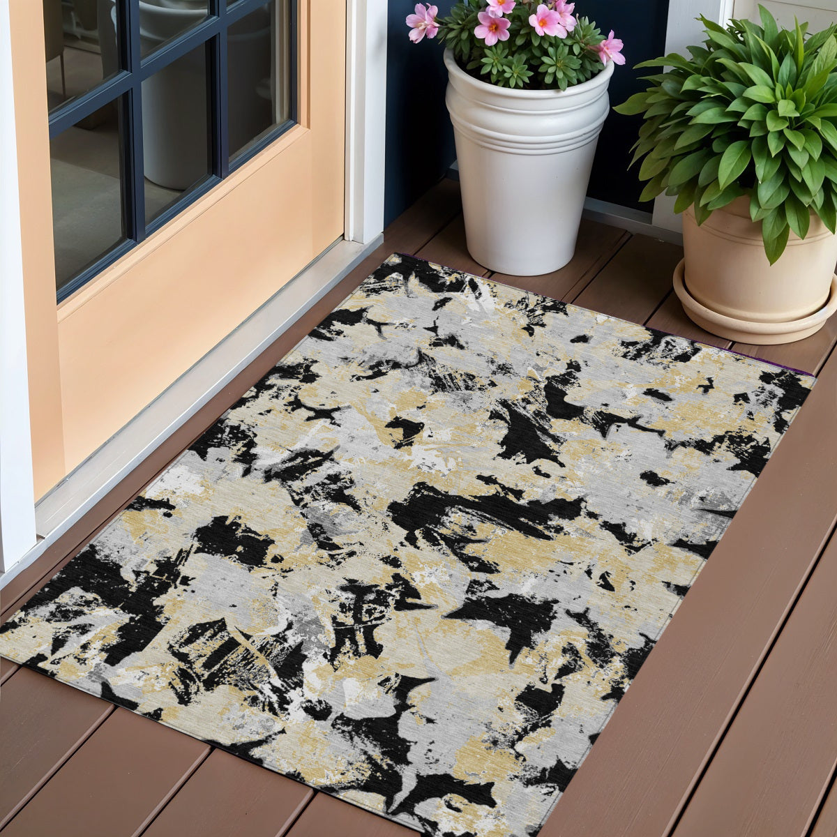 3 X 5 Black Gray And Light Brown Floral Washable Indoor Outdoor Area Rug