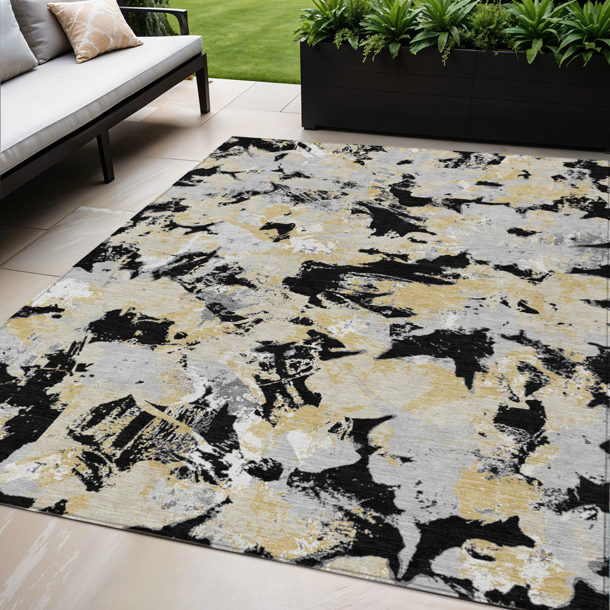 5 X 8 Black Gray And Light Brown Floral Washable Indoor Outdoor Area Rug