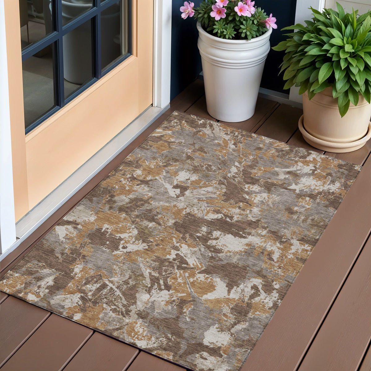 3 X 5 Brown Beige And Gray Floral Washable Indoor Outdoor Area Rug