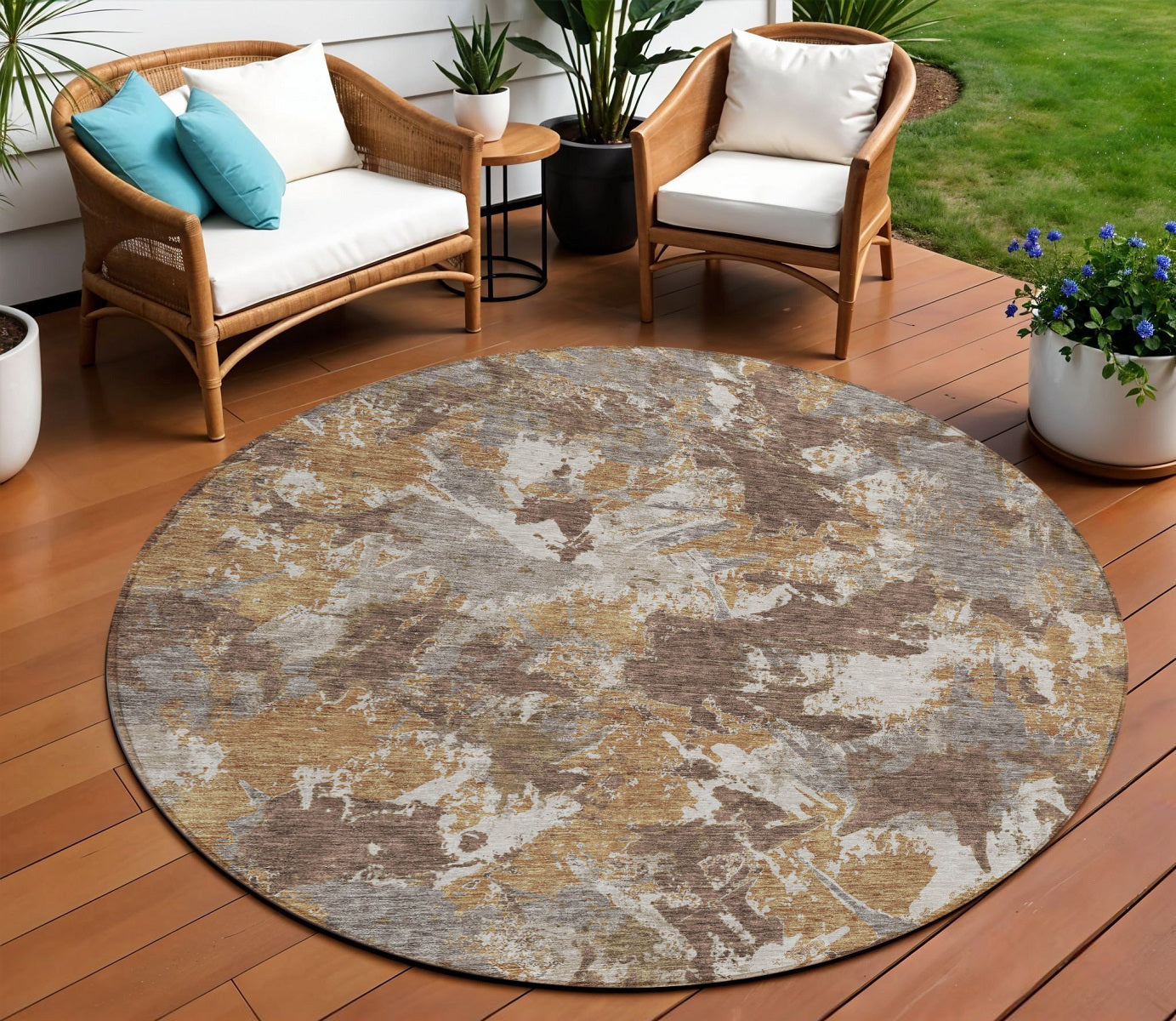 8 Brown Beige And Gray Round Floral Washable Indoor Outdoor Area Rug