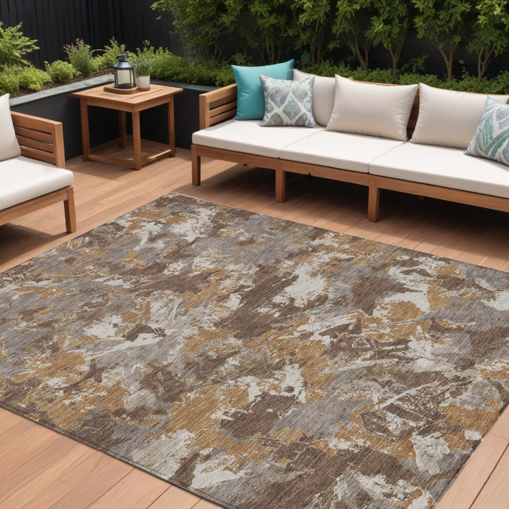8 X 10 Brown Beige And Gray Floral Washable Indoor Outdoor Area Rug