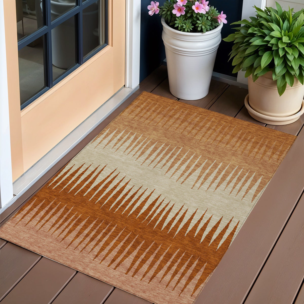 3 X 5 Copper Brown And Beige Striped Washable Indoor Outdoor Area Rug