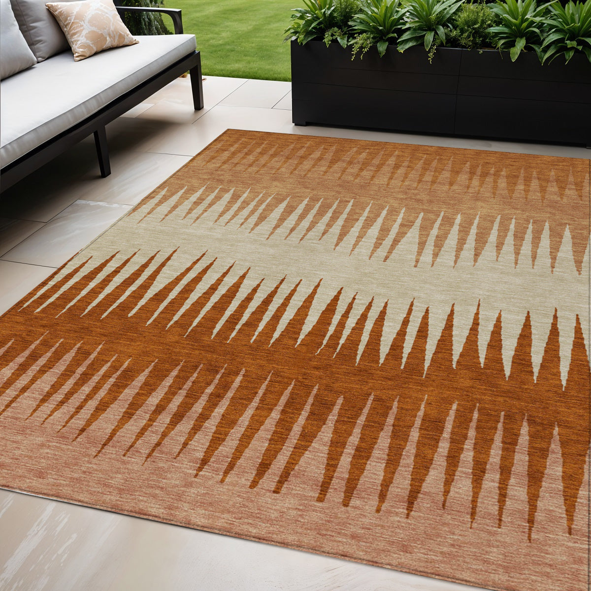 5 X 8 Copper Brown And Beige Striped Washable Indoor Outdoor Area Rug