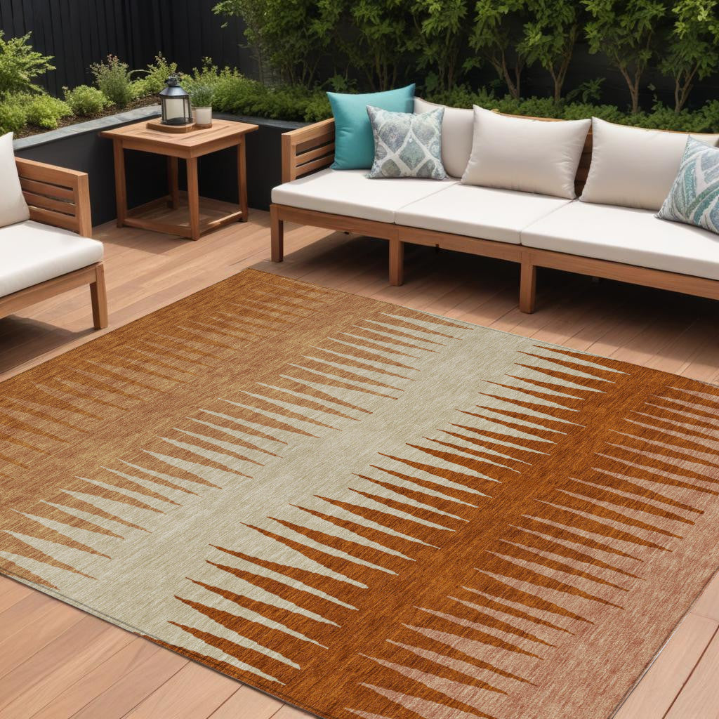 9 X 12 Copper Brown And Beige Striped Washable Indoor Outdoor Area Rug
