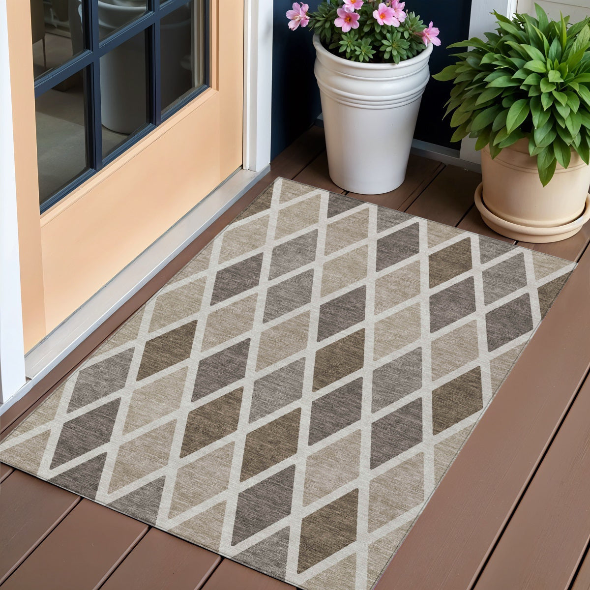 3 X 5 Beige Gray And Brown Geometric Washable Indoor Outdoor Area Rug