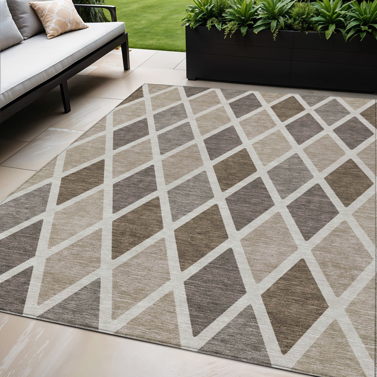 5 X 8 Beige Gray And Brown Geometric Washable Indoor Outdoor Area Rug