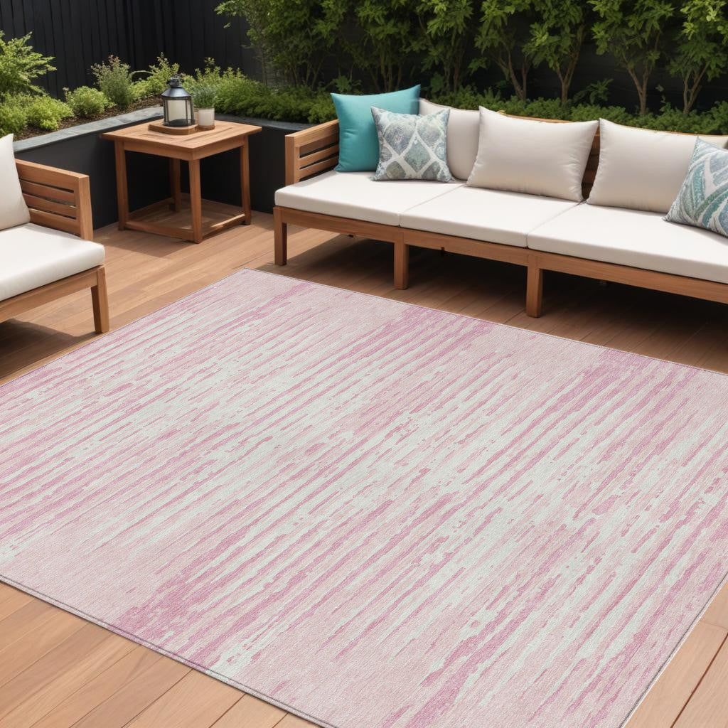 10 X 14 Pink And Gray Striped Washable Indoor Outdoor Area Rug
