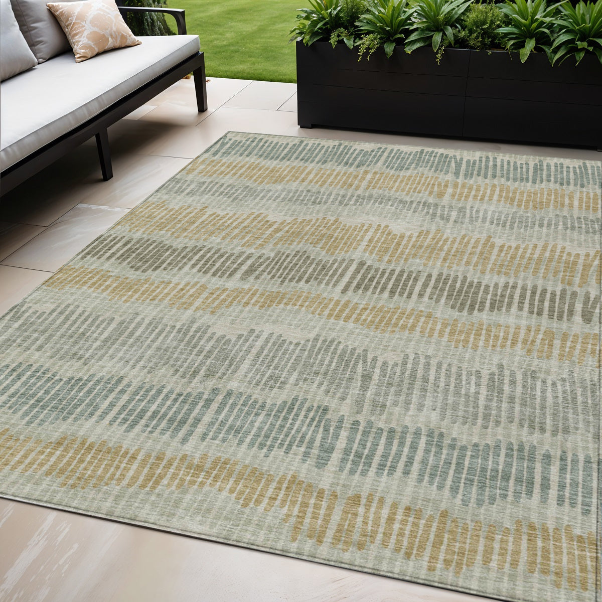 5 X 8 Beige Brown And Gray Striped Washable Indoor Outdoor Area Rug