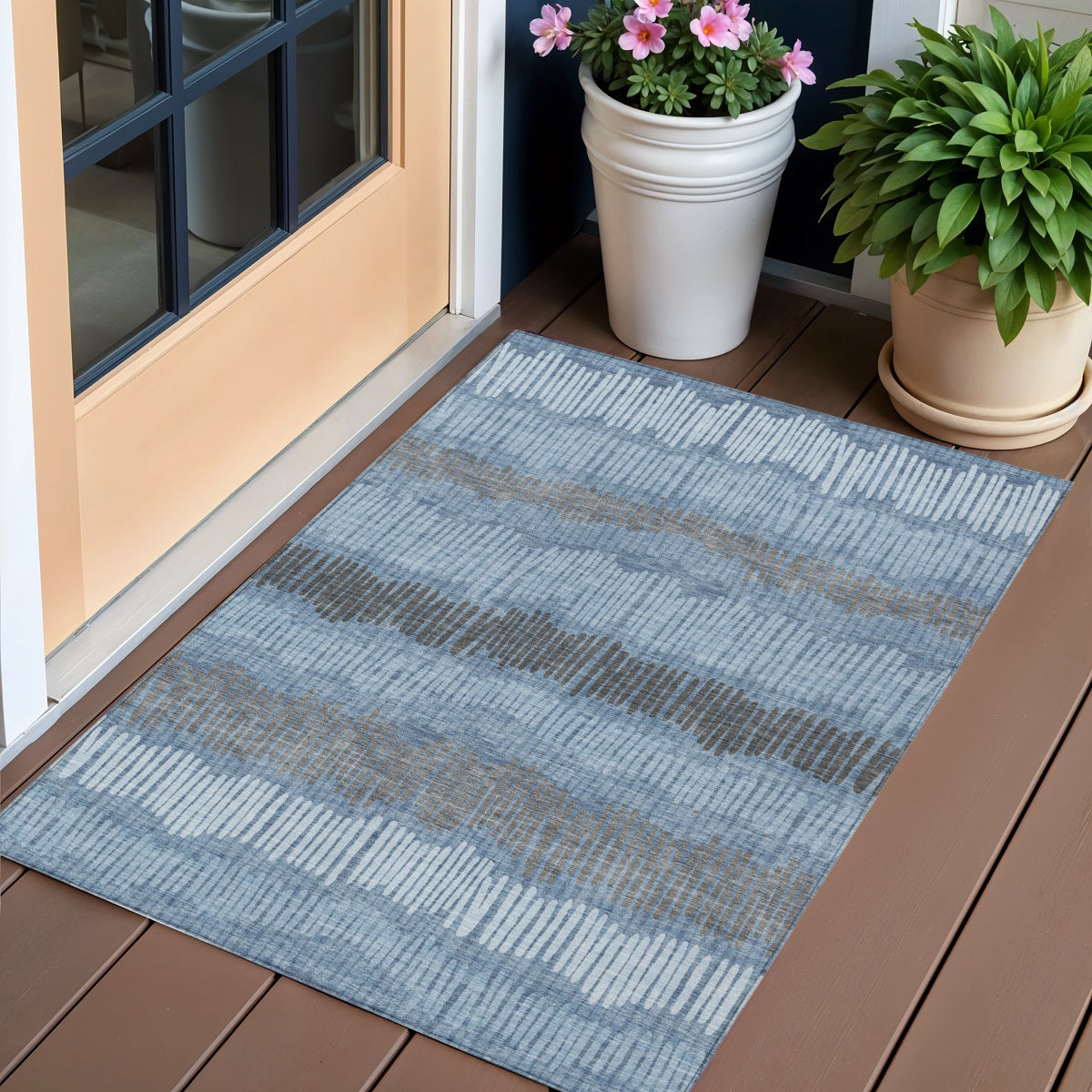 3 X 5 Blue Black And Gray Striped Washable Indoor Outdoor Area Rug