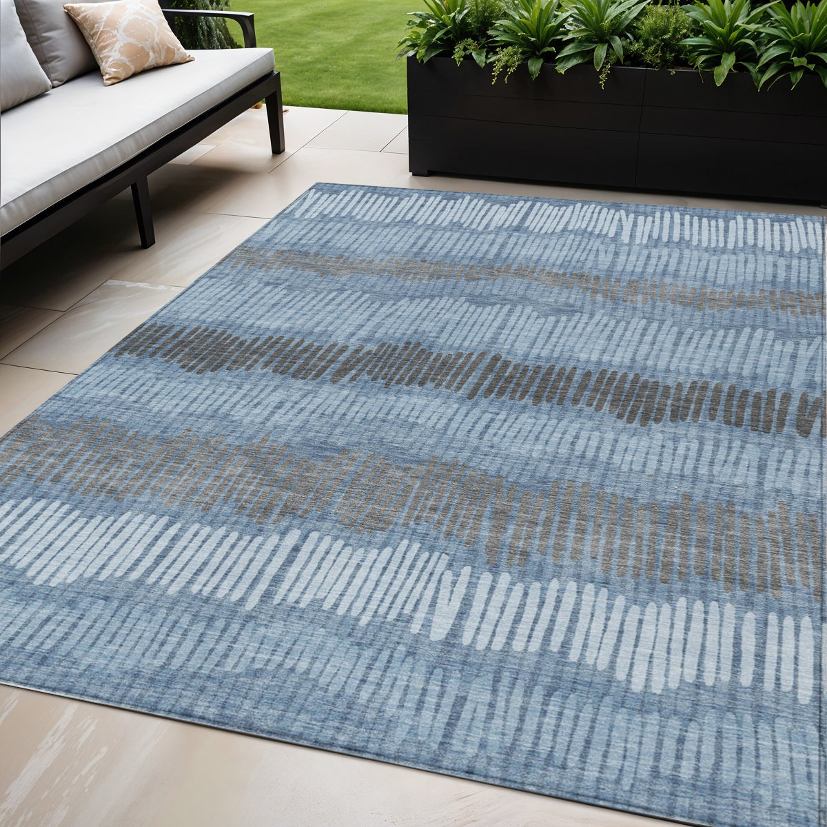 5 X 8 Blue Black And Gray Striped Washable Indoor Outdoor Area Rug