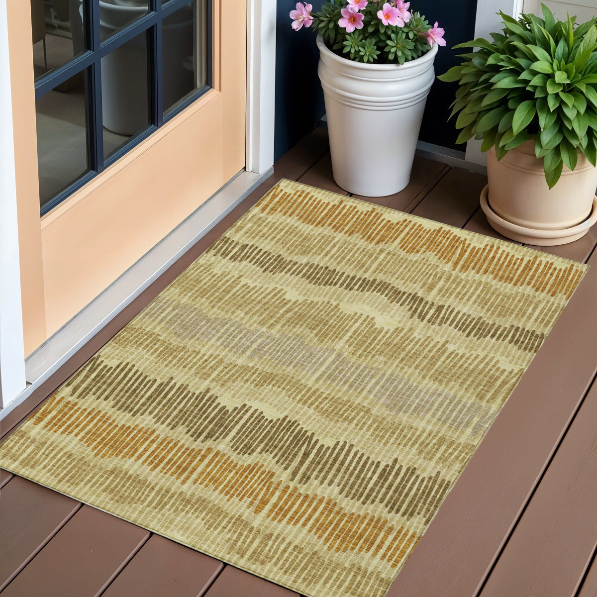 3 X 5 Gold Brown And Gray Striped Washable Indoor Outdoor Area Rug