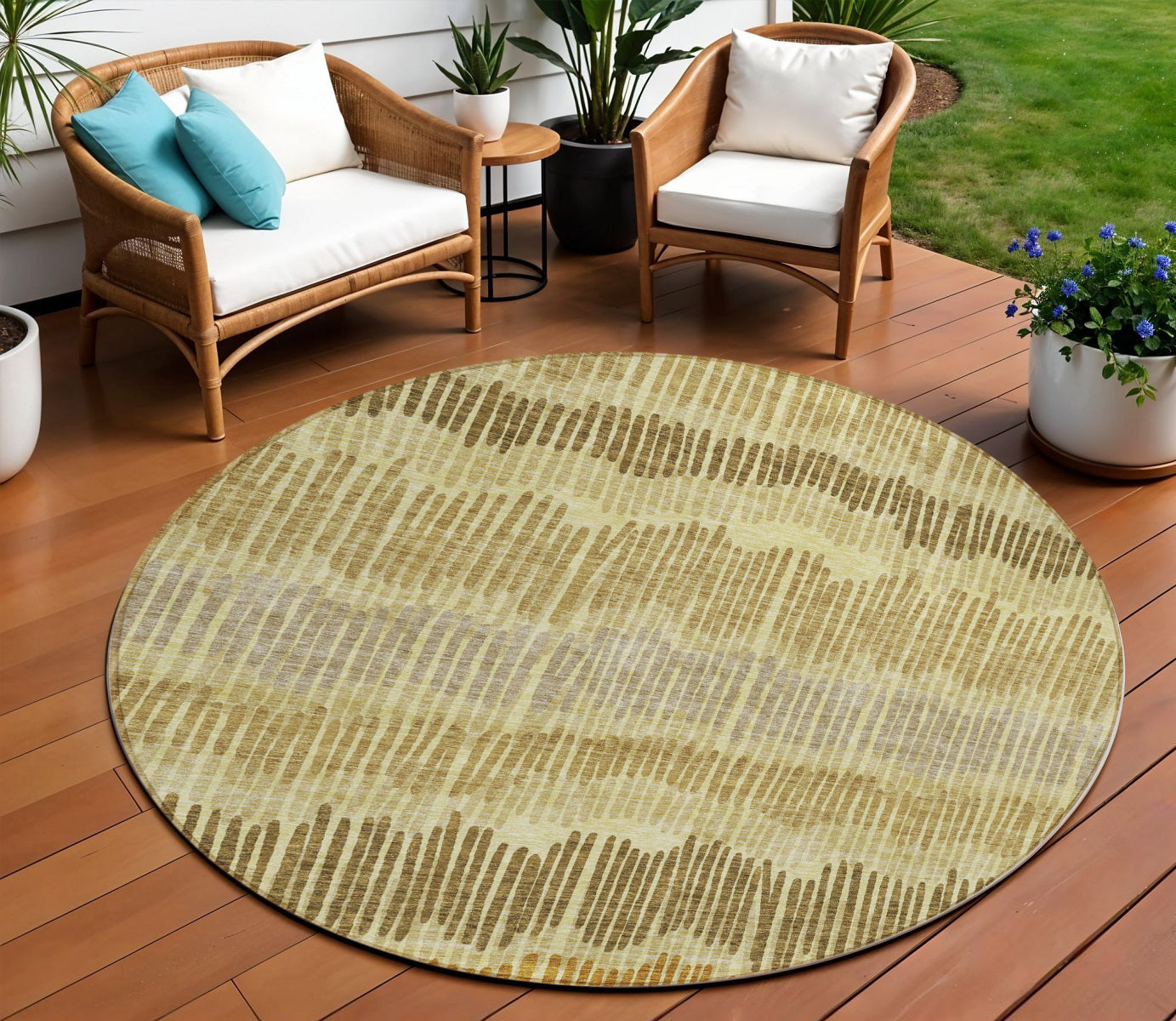 8 Gold Brown And Gray Round Striped Washable Indoor Outdoor Area Rug