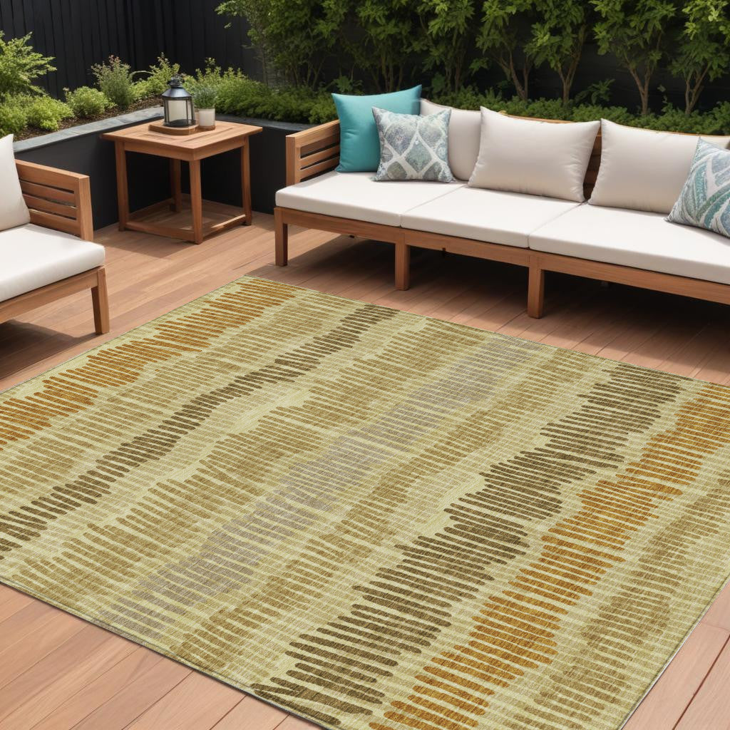 9 X 12 Gold Brown And Gray Striped Washable Indoor Outdoor Area Rug