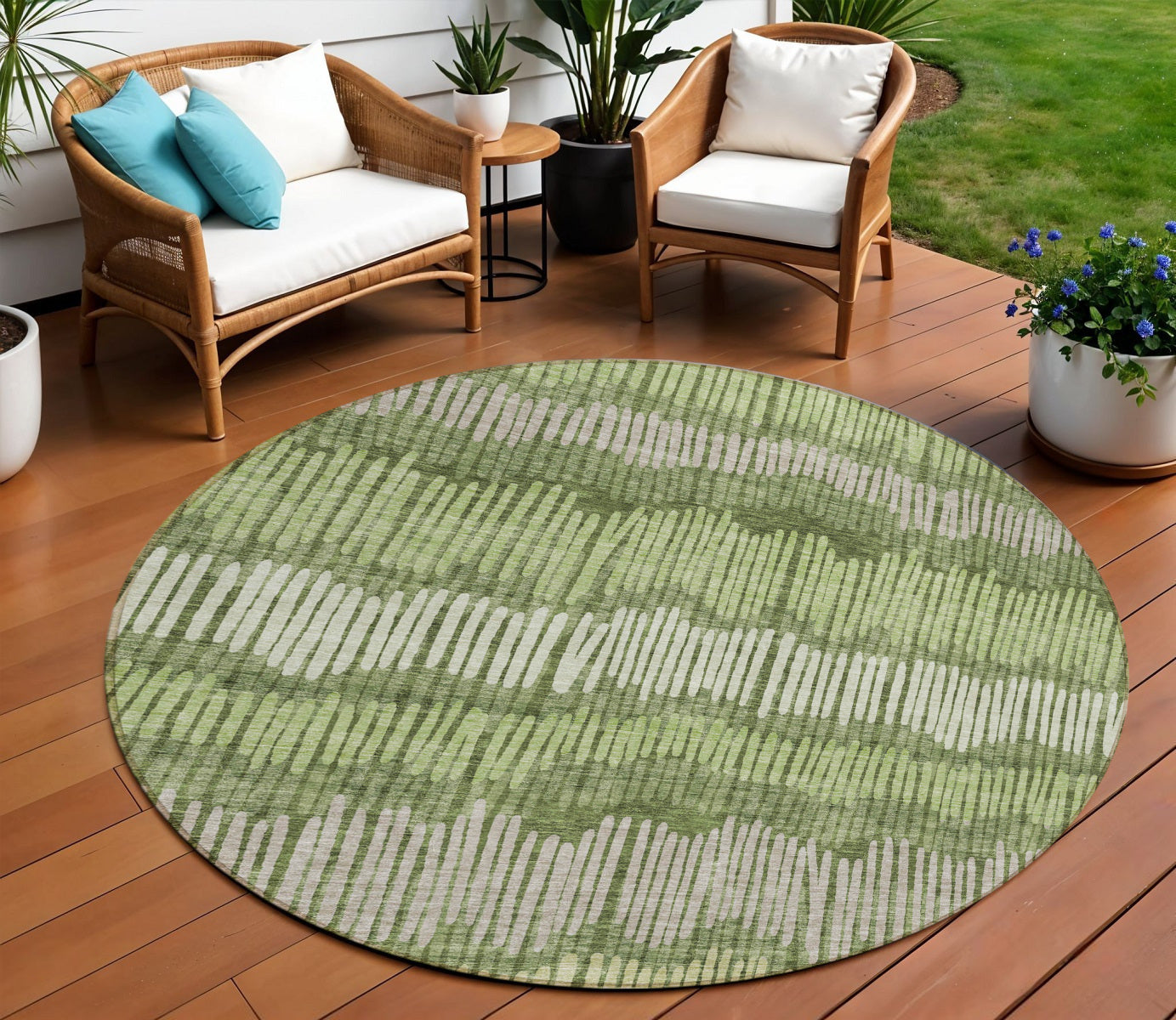 8 Olive Green And Gray Round Striped Washable Indoor Outdoor Area Rug